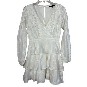 Lulus White Eyelet Lace Long Sleeve Ruffle Skirt Plunge Neckline Dress Bridal S